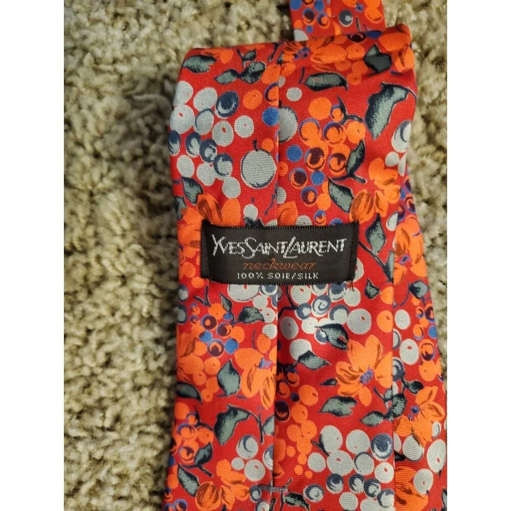VTG Yves Saint Laurent Mens Silk Tie Red Orange Floral Berry Botanical YSL